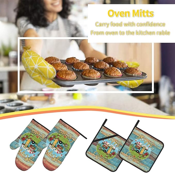 Happy Camper Oven Mitts and Pot Holders Sets of 4,Resistant Hot Pads with Polyester Non-Slip BBQ Gloves for Kitchen,Cooking,Baking,Grilling