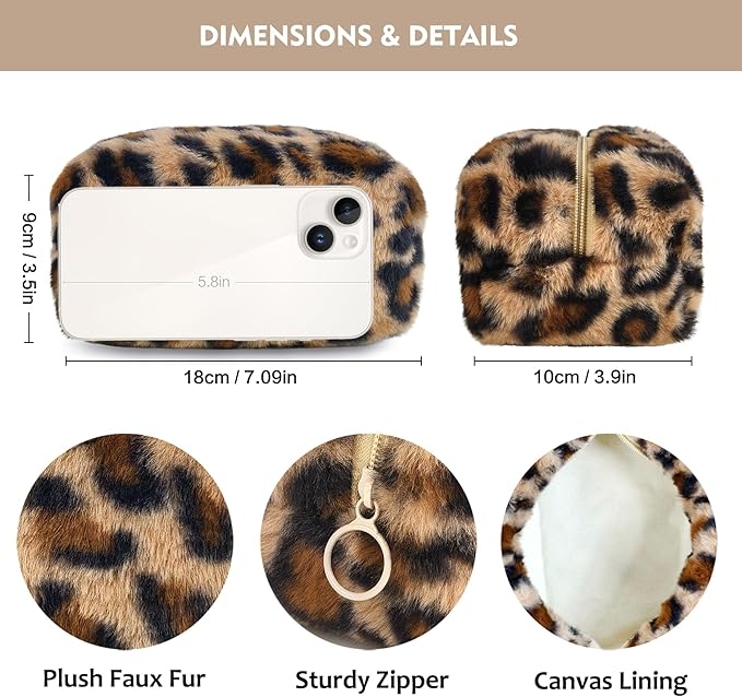 STARDW Leopard Print Makeup Bag - Plush Faux Fur Travel Cosmetic Pouch with Zipper