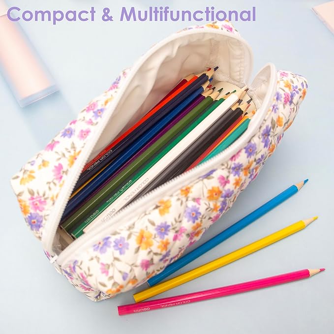 PAZIMIIK 2PCS SET Vintage Quilted Makeup Bag Cosmetic Pouch for Brushes Pencils and Travel Make Up Accessories for Women and Girls,Little flower