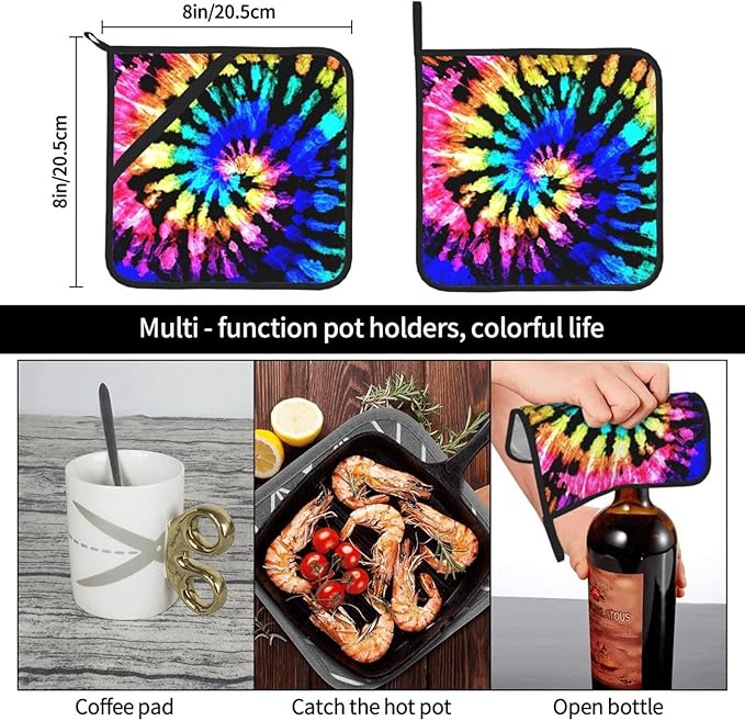 2 Pieces Rainbow Tie-dye House Pot Holders for Kitchen Heat Resistant, 2pc Decorative Colorful Pot Holder Set, Fashionable Pot Holders for Kitchen and Baking