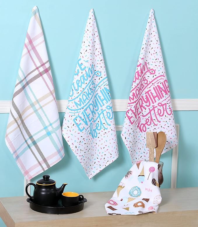 ACCENTHOME Kitchen Towels Set of 4 Super Absorbent Durable Towels Perfect for Kitchen Mess & Drying Dishes 50x70 cm Stripe & Check Pattern Sweet Dessert Print