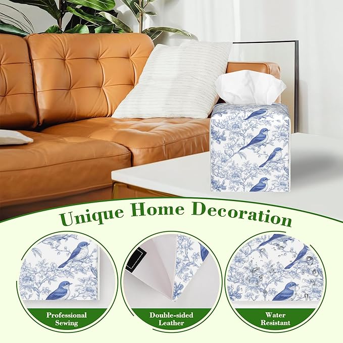 Blue Floral and Bird Tissue Box Cover Square Leather Tissue Holder Waterproof Facial Paper Organizer Dispenser Cube Paper Cover Case for Home Office Bathroom Vanity Countertop