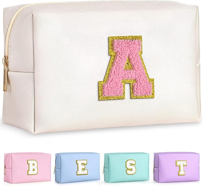 TOPEAST Gifts for Women Teen Girls - Birthday Gifts for 4 5 6 7 8 9 10 11 12 Year Old Girls, Initial Makeup Bag, Cosmetic Bag Travel Toiletry Pouch (White A)