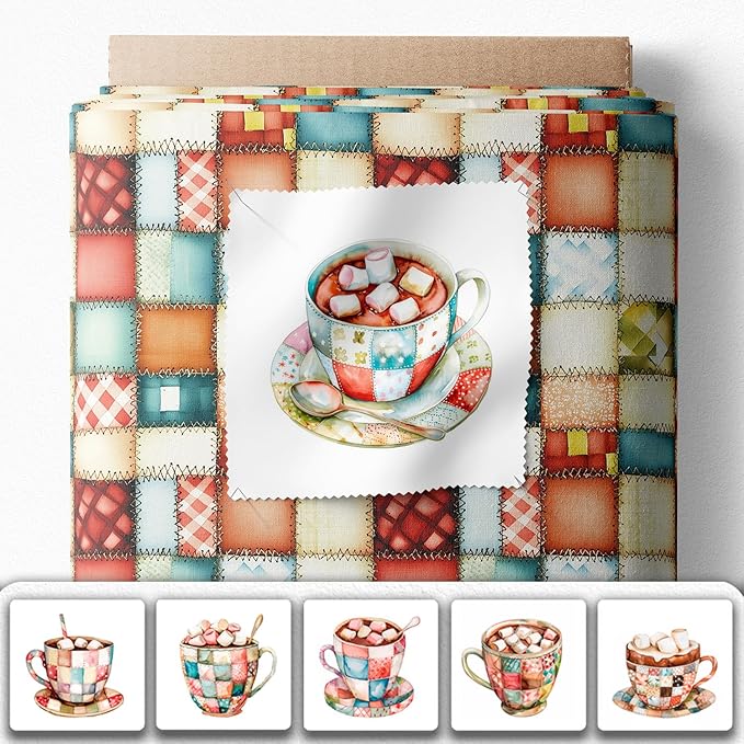 Patchwork Hot Cocoa Cotton Fabric Panel – 6 Designs (10×10 inch Each) + Bonus Sheet 29.5×19.6 inch, 100% Cotton 140 GSM, Made in Türkiye