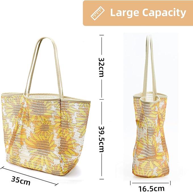 KALIDI BeachNylon Mesh Tote Bag, Casual Tote Bag Hobo Women Foldable MAX 23L Shoulder Bag For Beach Picnic Vacation