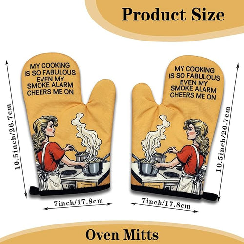 2 Pack Funny Oven Mitts for Women, My Cooking is So Fabulous Even My Smoke Alarm Cheers Me On, Retro Housewife Heat Resistant Kitchen Mitts, Humorous Cooking Gifts for Mom Wife Chef Friend