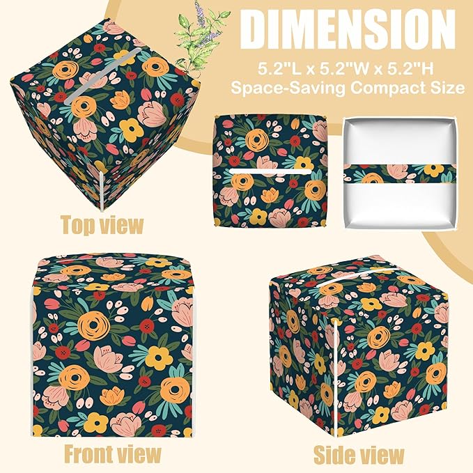 Tropical Flower Leather Tissue Box Holder Vintage Rose Tissue Box Cover Facial Paper Case Organizer Cube Napkin Dispenser for Bathroom Vanity Countertop Night Stand Office Car