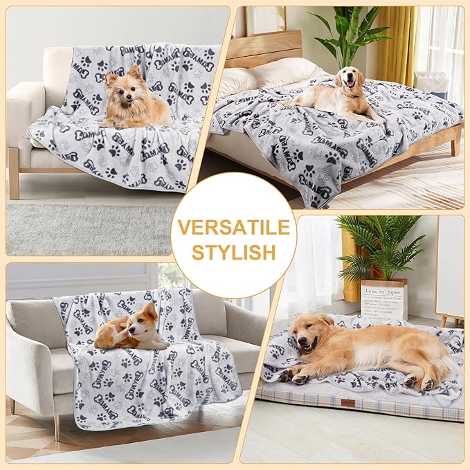 Gowyeg Dog Blankets for Large Dogs Upgraded, Dog Cat Flannel Blankets Washable, Cute Bone Paw Print Blanket for Bed Cover, Couch, Crate, 80x60 inch