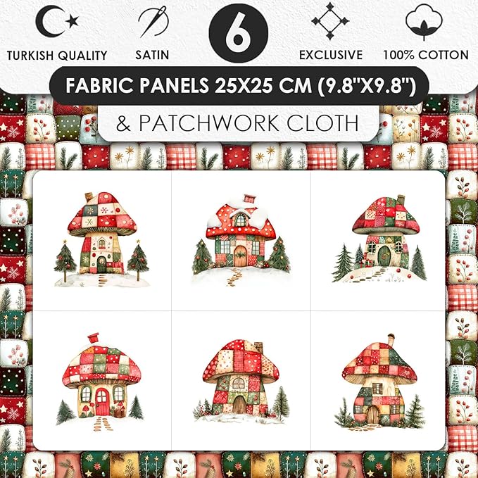 Christmas Cottage Patchwork Cotton Fabric Panel – 6 Designs (10"×10" inch Each) + Bonus Patchwork Sheet 29.5"×19.6" inch, 100% Cotton 140 GSM