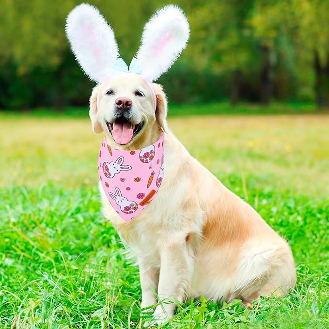 ADOGGYGO Easter Dog Bandana, Pink Bunny Scarf, Premium Durable Fabric, Adjustable Fit Female Pet Easter Bandanas for Medium Large Dogs (Large)