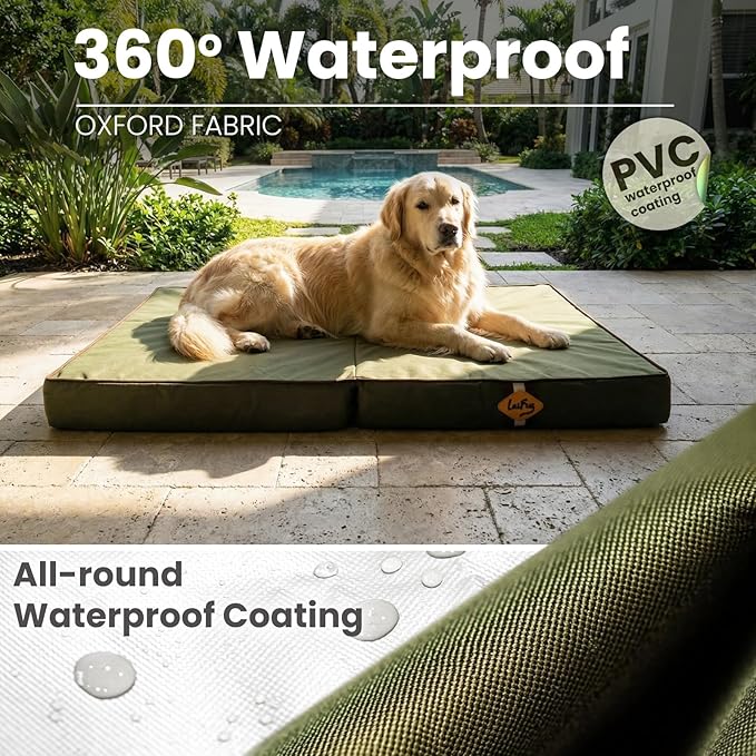 Laifug Foldable Waterproof Dog Bed for Large Dogs - Outdoor Orthopedic Dog Bed with Washable Removable Cover, Pet Mattress with Handles, Army Green, (36 x 27 x 3.5, inches)