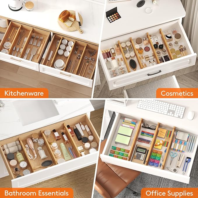 Lifewit 5 Pack 4" High Bamboo Drawer Dividers, 17-21.5" Adjustable Drawer Organizers for Clothes, Wood Dresser Drawer Divider, Expandable Deep Drawer Separators for Dresser, Kitchen, Bedroom, Bathroom