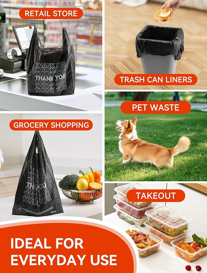 UMT Plastar 500 Count Thank You Plastic Bags, 12" x 6" x 22", 15 Mic Black Grocery Bags with Handles, Ideal for Restaurants, Retail, Grocery Stores, Takeout, Convenience Stores
