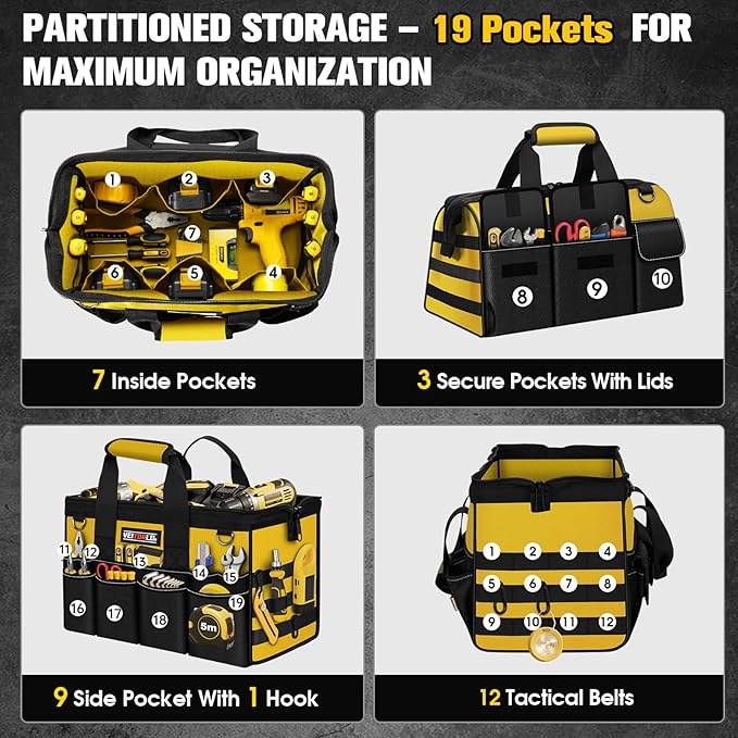 16-Inch Heavy Duty Tool Bag, 19-Pockets Tool Box Organizer, Portable Toolbag W/Soft Handle, Organized Storage, Mechanic Gifts for Him Men Husband Valentines Day, Wide Mouth Electrician Toolbox, Yellow