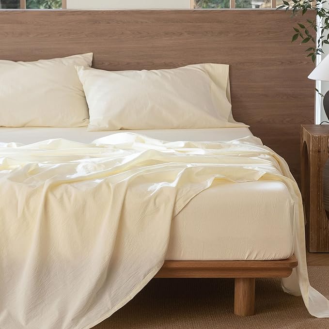 MooMee Bedding Sheet Set 100% Washed Cotton Linen Like Textured Breathable Durable Soft Comfy (Solid Cream White, Split King)