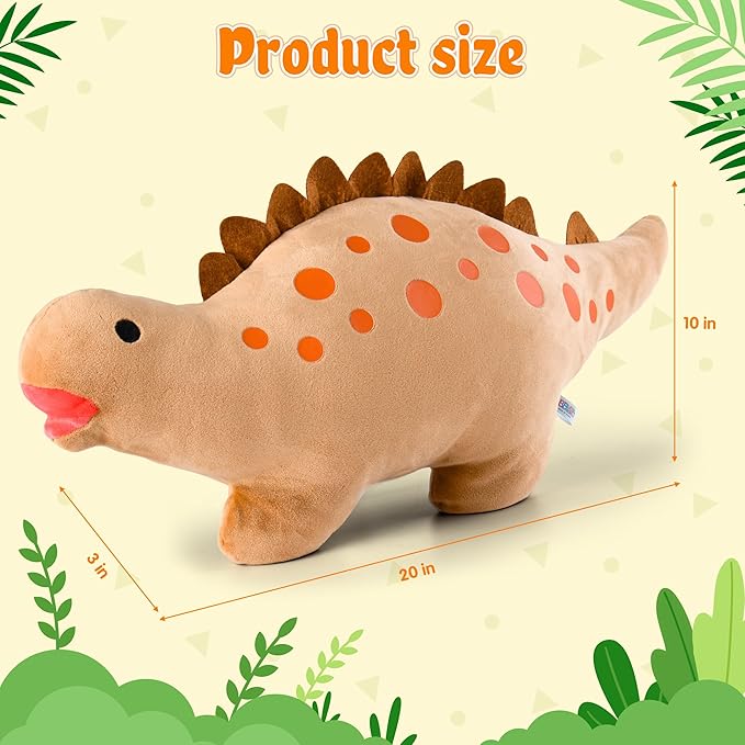 BB FUN HOUSE Dinosaur Pillow Plush, Stuffed Animal Birthday Gift Dino Decorative Throw Pillow for Kids Teens Adult Room Decor Soft Plushie Toy, Coffee