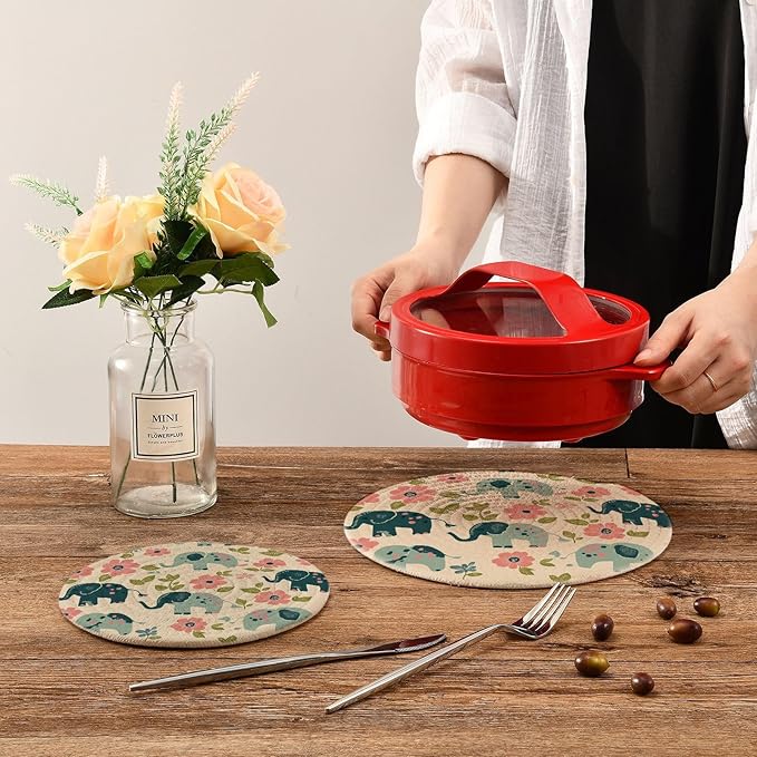 Retro Elephant Flowers Beige Trivets for Hot Dishes Pots and Pans Potholders Woven Trivet Cotton Round Large Pot Holder Decor Heat Resistant Hot Pads Mat for Table Counter Cooking Potholder Set