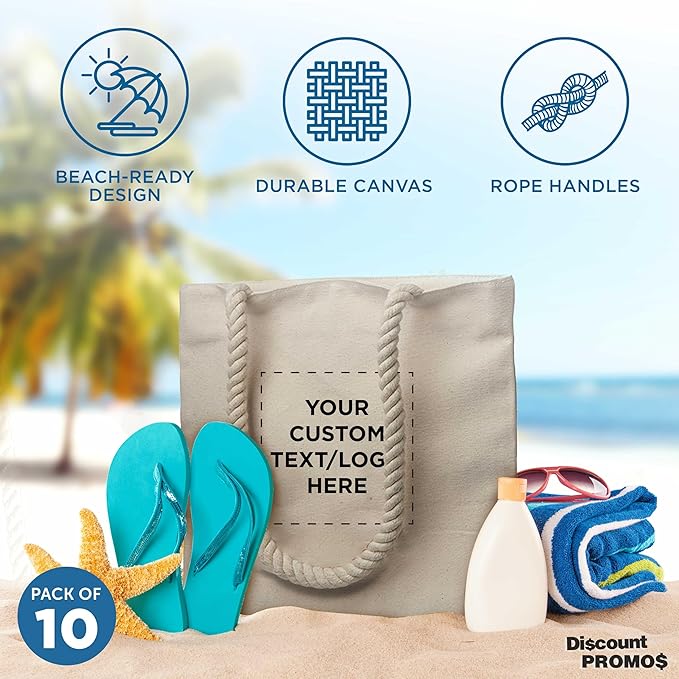 DISCOUNT PROMOS Custom Pristine Cove Canvas Tote with Rope Handles (Set of 10), Personalized Bulk Pack - Beach, Travel, Eco-Friendly - Natural Color, 14.75"X13.5", 12 OZ Cotton, with Zipper