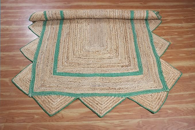 Scalloped Edge Rug, Hand Woven Natural Jute Area Rug, 8x11 Ft Beige & Green Braided Sisal Kilim Rugs for Living Room, Kitchen, Entryway, Farmhouse
