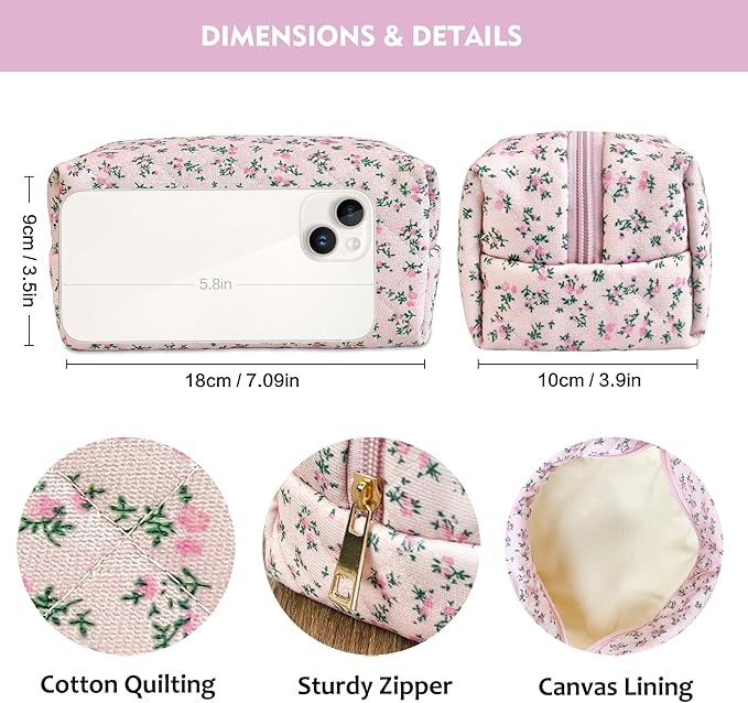 STARDW Cute Quilted Floral Makeup Bag for Women, Large Capacity Travel Toiletry Bag with Zipper and Canvas Lining