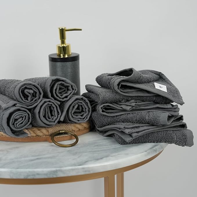 Tens Towels Pack of 60 Washcloths, 12 x 12 Inches, Lighter Weight, Quick to Dry, Super Soft & Absorbent, Gentle Face Towels, Hotel Quality, Perfect for Bathroom, Gym, Spa, Dark Grey
