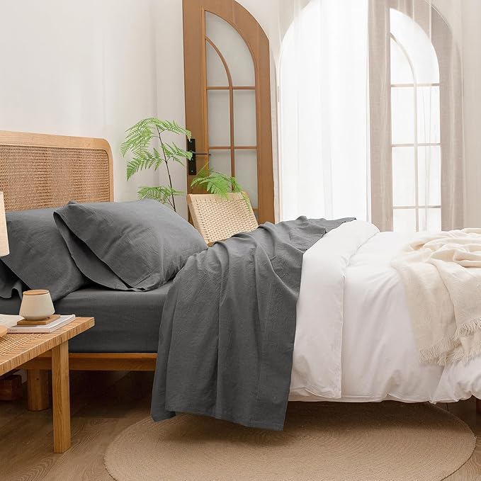 BESTOUCH Sheet Set 100% Washed Cotton Linen Feel Super Soft Comfortable Chic Lightweight 4 Pcs Home Bedding Set Solid Dark Grey Cal King