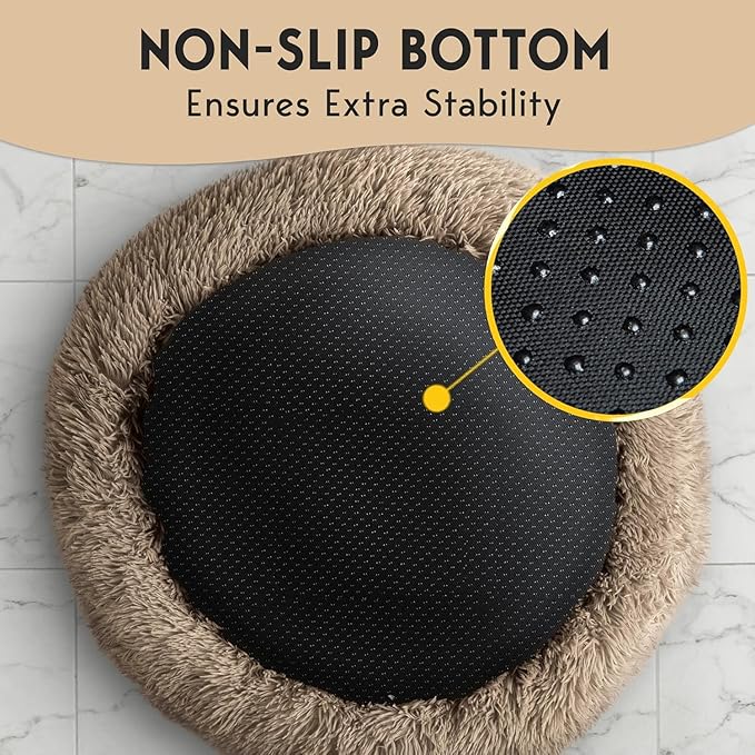 PetJett Calming Large Dog Bed - 36'' Donut Dog Beds, Anti-Slip & Washable Large Round Bed, Fluffy Faux Fur Pet Bed, Super Soft Anti-Anxiety Premium Comfort Bed, Fits Dogs up to 80 lbs - Beige