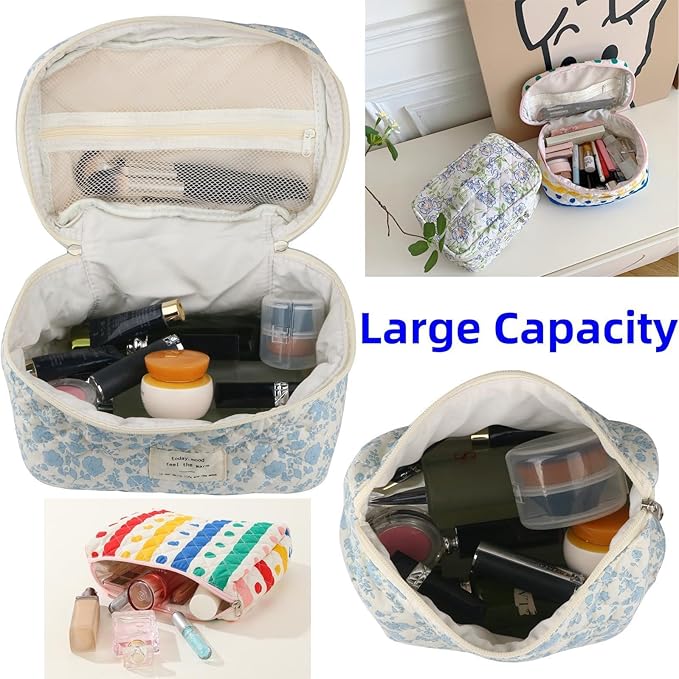 Fcteap Makeup Bag Travel Essentials Quilted Cosmetic Toiletry Pouch Organizer Insert for Women Dorm Room Essential Gift Large Capacity Opening Lightweight Cute Aesthetic Portable 2PCS (Flower)