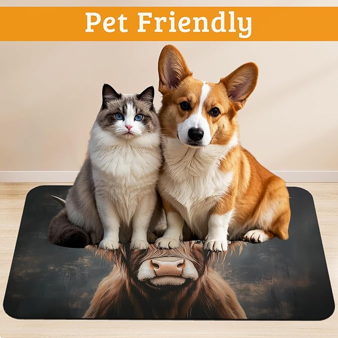 Highland Cow Feeding Mat,Absorbent Quick-Dry Cat Dog Food and Water Bowl Mats,Non-Slip Rubber Backing Mat,Cat Dog Accessories Supplies 16" x 24"