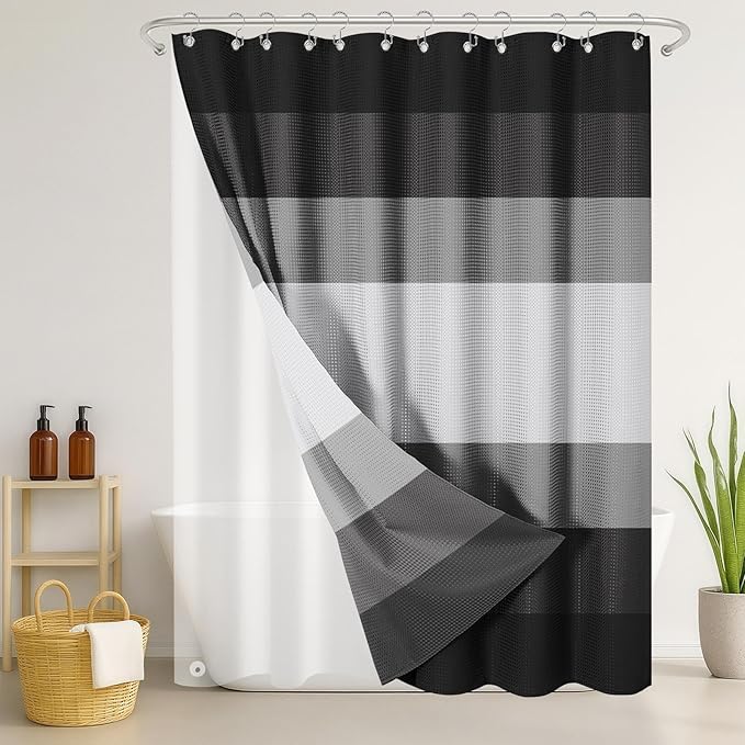 Nesphy Shower Curtain and Liner, Grey and Black White Striped 3 in 1 Shower Curtain and PEVA Liner Set with 12 Rust-Resistant Metal Hooks, Waterproof Fabric Shower Curtains for Bathroom, 72 W x 72 H