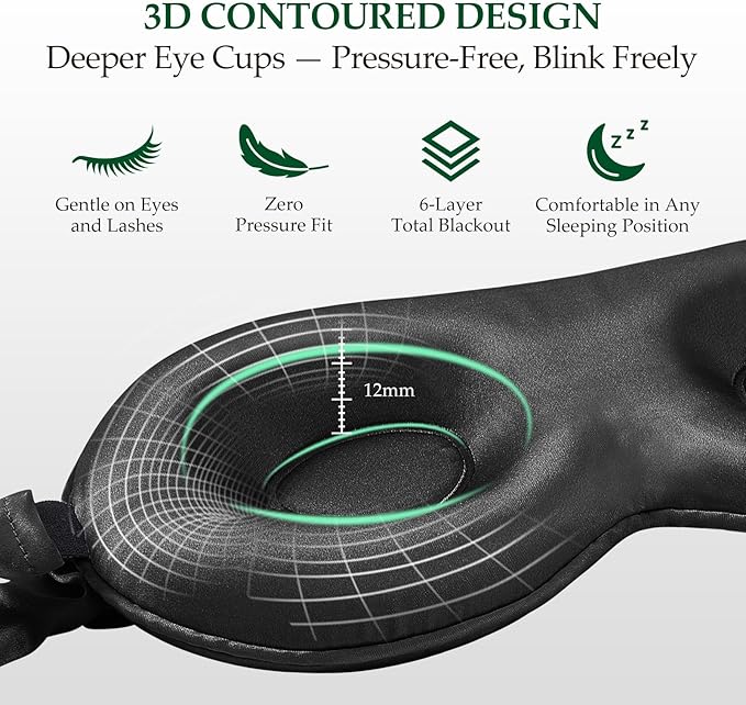 SGMSILK 100% Mulberry Silk Sleep Mask for Unisex, 22 Momme 3D Silk Contoured Eye Mask, Breathable Light Blocking Blindfold with Adjustable Strap, Blackout Eye Cover for Travel, Black