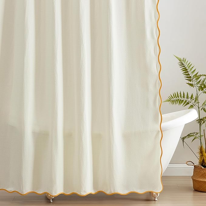 MONDAY MOOSE Scalloped Waffle Weave Shower Curtain with Rustproof Metal Grommet Holes for Bathroom, Machine Washable, Hooks Included (72x72 inch, Mustard/Cream)