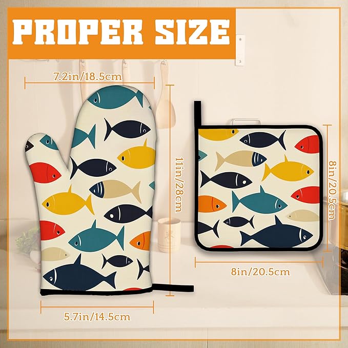 Cute Fish Oven Mitts and Pot Holders Set,Boho Kitchen Decor Heat Resistant Non Slip Hot Pads and Oven Mitt for Chef Cooking Baking BBQ Mom Girl Gifts(4 Piece Set)