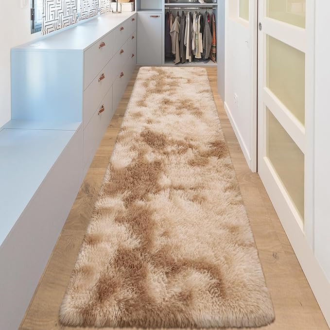 2x8 ft Plush High Pile Khaki Tie Dyed Rug Fluffy Soft Runner Bedside Rug for Bedroom Living Room Hallway Nursery Kids Home Decor Shag Carpet