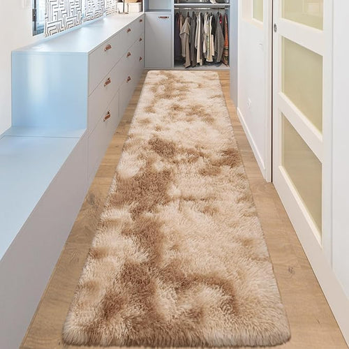 2x8 ft Plush High Pile Khaki Tie Dyed Rug Fluffy Soft Runner Bedside Rug for Bedroom Living Room Hallway Nursery Kids Home Decor Shag Carpet