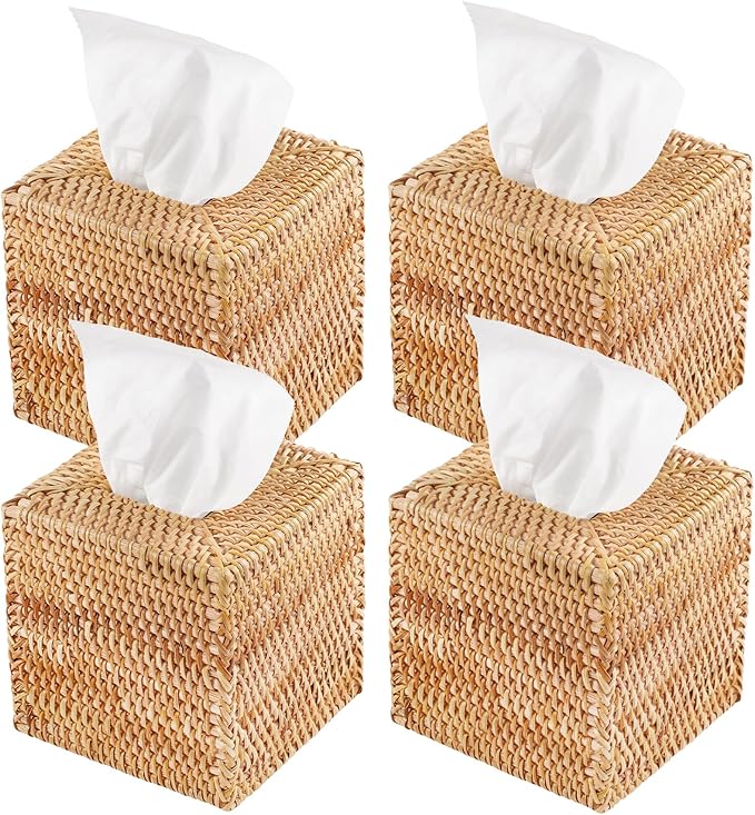 4 Pack Rattan Tissue Box Cover Square, Hand Woven Wicker Tissue Holder, Tissue Box Holder, Wicker Tissue Box Cover, 5.5 x 5.5 X 5.5 inch, Natural