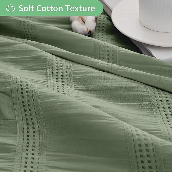 Lameirose Extra Long Sage Green Shower Curtain Farmhouse,72 x 96 Cotton Blend Waffle Tufted Striped Chic Textured Fabric Shower Curtain for Bathroom, Hotel
