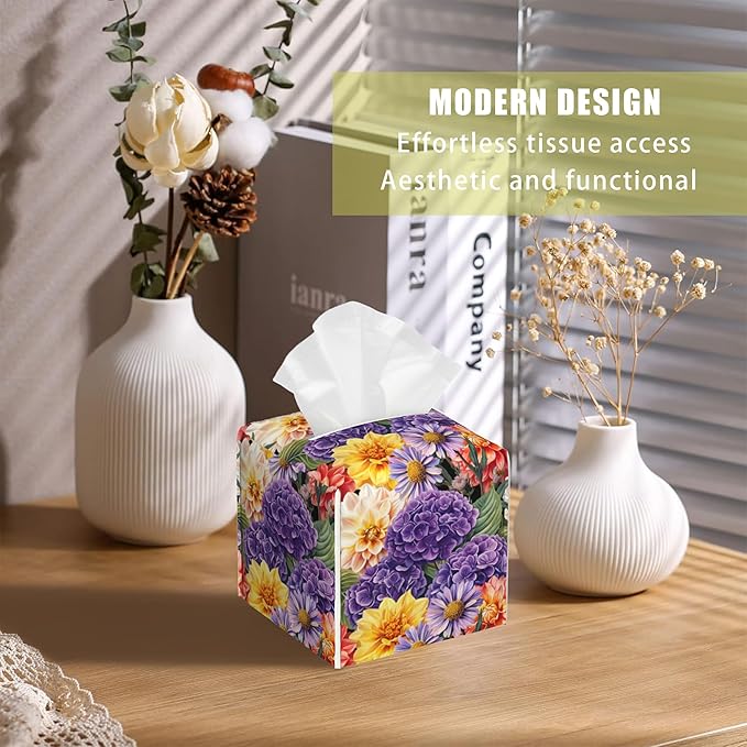 BLYKVGHQ Hydrangea and Dahlia Flower Tissue Box Cover Square, Daisy Tissue Box Holder with Bottom Belt Leather Facial Paper Organizer Dispenser for Bathroom Bedroom Dresser Night Stand Tabletop