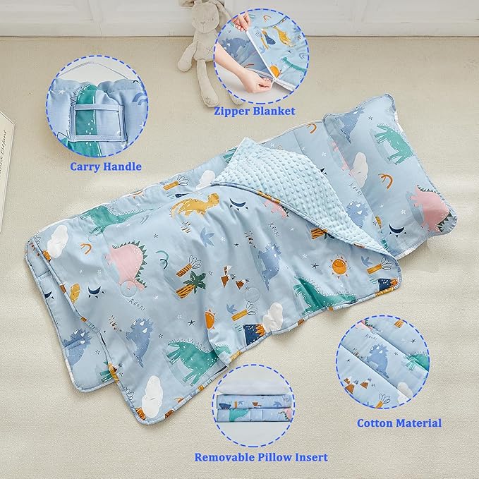Cotton Toddler Nap Mat with Zipper,Detachable Minky Blanket and Removable Pillow,Soft Slumber Bags for Boys,Kids Sleeping Bag for Daycare Preschool Kindergarten,Dinosaur Toddler Sleeping Mat - Blue