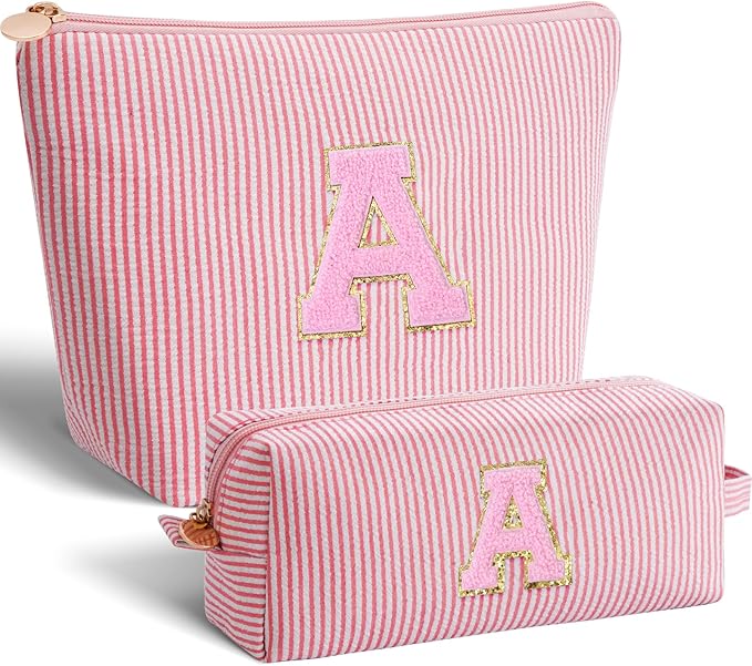 Btffitting Makeup Bag Set Initials Cosmetic Bag,Gifts for 10 11 12 13 14 15 16 17 18 Years Old Girl Girlfriend Teen Girls Gift Trendy Stuff Personalized Toiletry Bag Travel - Peach,A