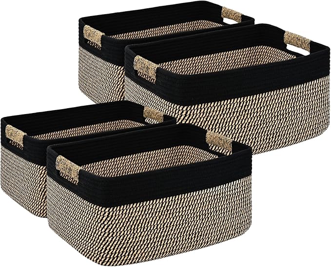 4 Pack Large Storage Basket for Organizing, 17.5"x13.5"x7.5" Woven Basket for Shelves, Closet Cube Storage Bins with Wrapped Handle, Cotton Rope Baskets for Kitchen, Clothes, Toys(Black & Brown)