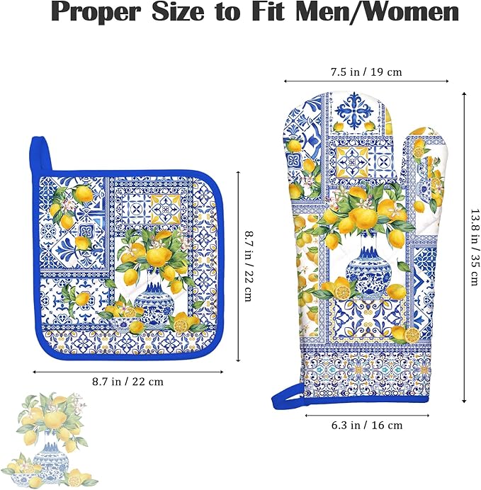 Yellow Lemon Oven Mitts and Pot Holders Sets 4Pcs, 100% Cotton Heat Resistant, Extra Long Oven Gloves Potholder for Kitchen Cooking Baking Decoration
