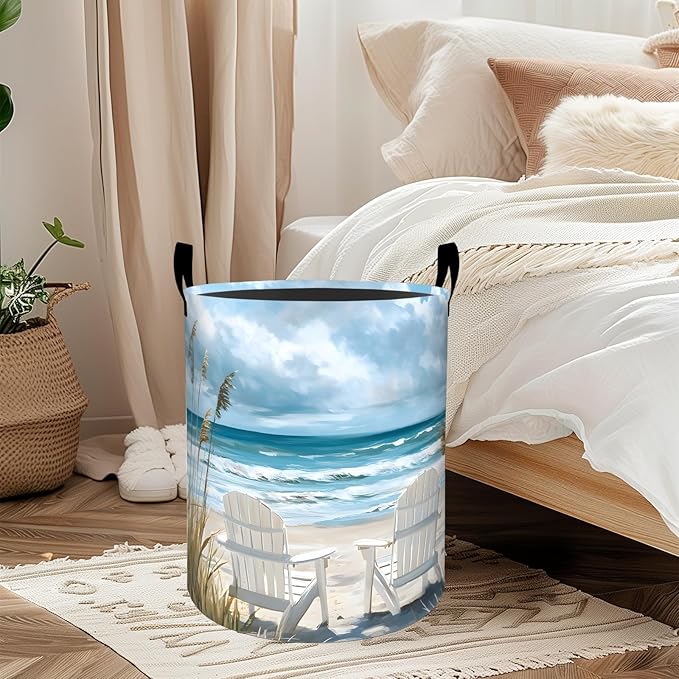 ainori Coastal Laundry Basket, Oxford Cloth Nature Peaceful Dirty Clothes Collapsible Hamper for Room Decor, Ocean Beach and Chair Print Gifts Toy Organizer 19.7 * 15.8 Inch for Bedroom Bathroom Dorm