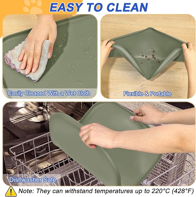 SMILOOL Silicone Pet Feeding Mat with Raised Edge for Food and Water, Dog Bowl Mats, Cat Bowls Placemat with High Lip for Floor Waterproof, Rubber Tray for Cats and Dogs 19 x 12 x0.7 Light Olive Green