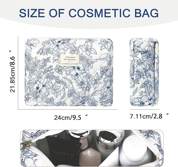 Gosect Floral Makeup Bag, Small Cosmetic Bag for Women Girls, Cute Cotton Makeup Bag, Quilted Makeup Bags, Flower Travel Toiletry Organizer Bag(Navy Blue)