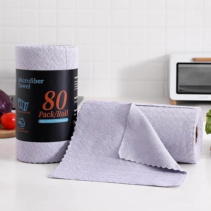 Tigona 80 Pack Microfiber Cleaning Cloth Roll Reusable Paper Towels 12"x12" Tear Away Cloth,Absorbent Dish Rags for House Kitchen,Wash Cloths,Lint Free Rags for Window Cars Cleaning Supplies