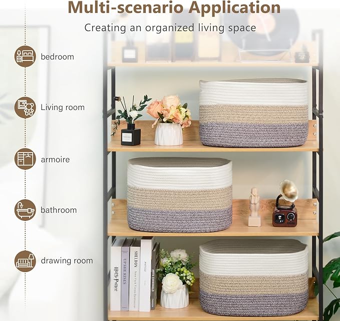 ECDYQXVU Cotton Rope Storage Basket, 15x10x9 Inches, Woven Basket for Shelves, Clothes, Towels, Books, and Laundry, White Brown (3 Pack)
