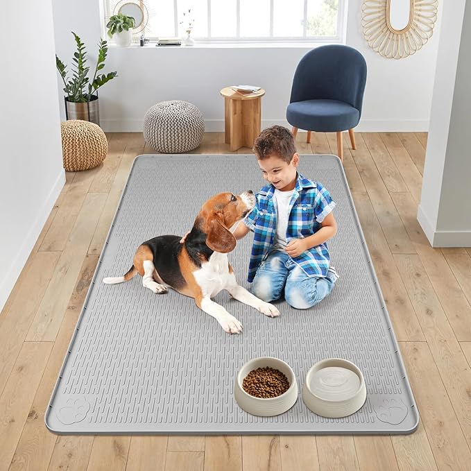 Bartuke Dog Food Mat, Extra Large 50" x 35" Silicone Pet Feeding Mat with Raised Edge Pet Placemat for Small, Medium, and Large Pets Non-Slip, Easy to Clean (Grey)