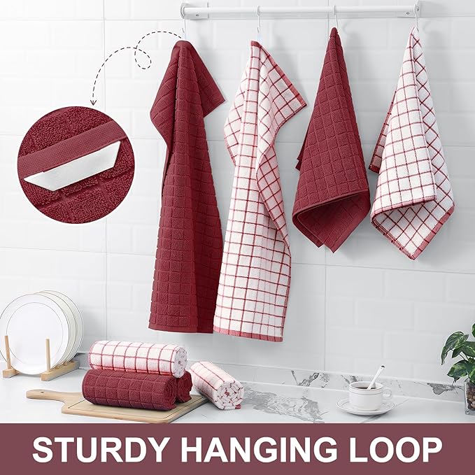 Homaxy Premium Cotton Kitchen Towels 16"x 28", Large Natural Ring Spun 390 GSM Dish Towels, Super Absorbent Terry Kitchen Hand Towels, Soft Tea Towels with Hanging Loop, Red Check Design,8 Pack