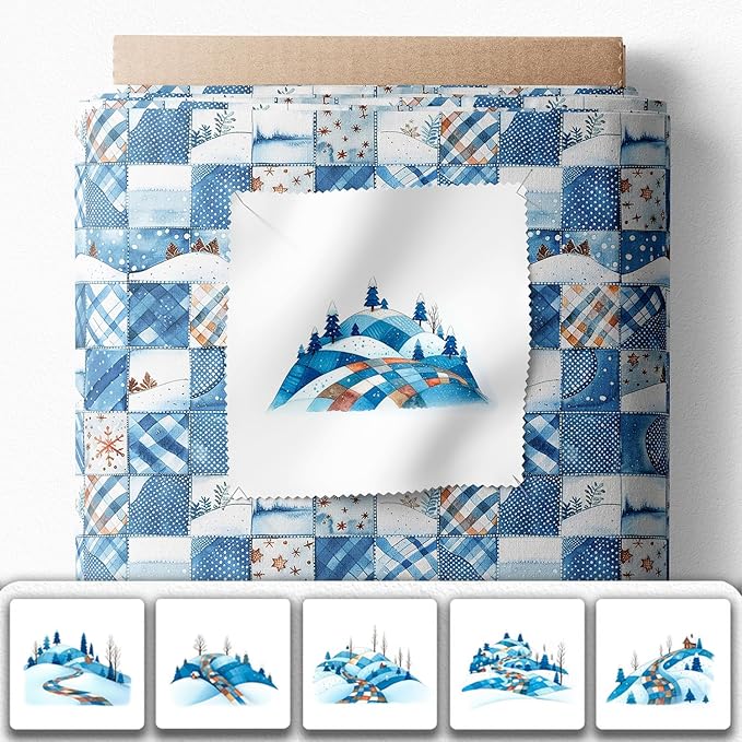 Winter Patchwork Landscape Cotton Fabric Panel – 6 Designs (10×10 inch Each) + Bonus Patchwork Sheet 29.5×19.6 inch, 100% Cotton 140 GSM